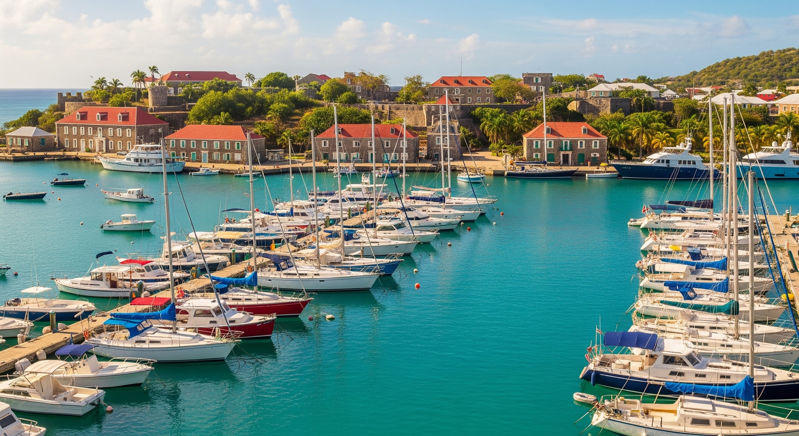 Colorful boats in English Harbour, Antigua with historic Nelson's Dockyard