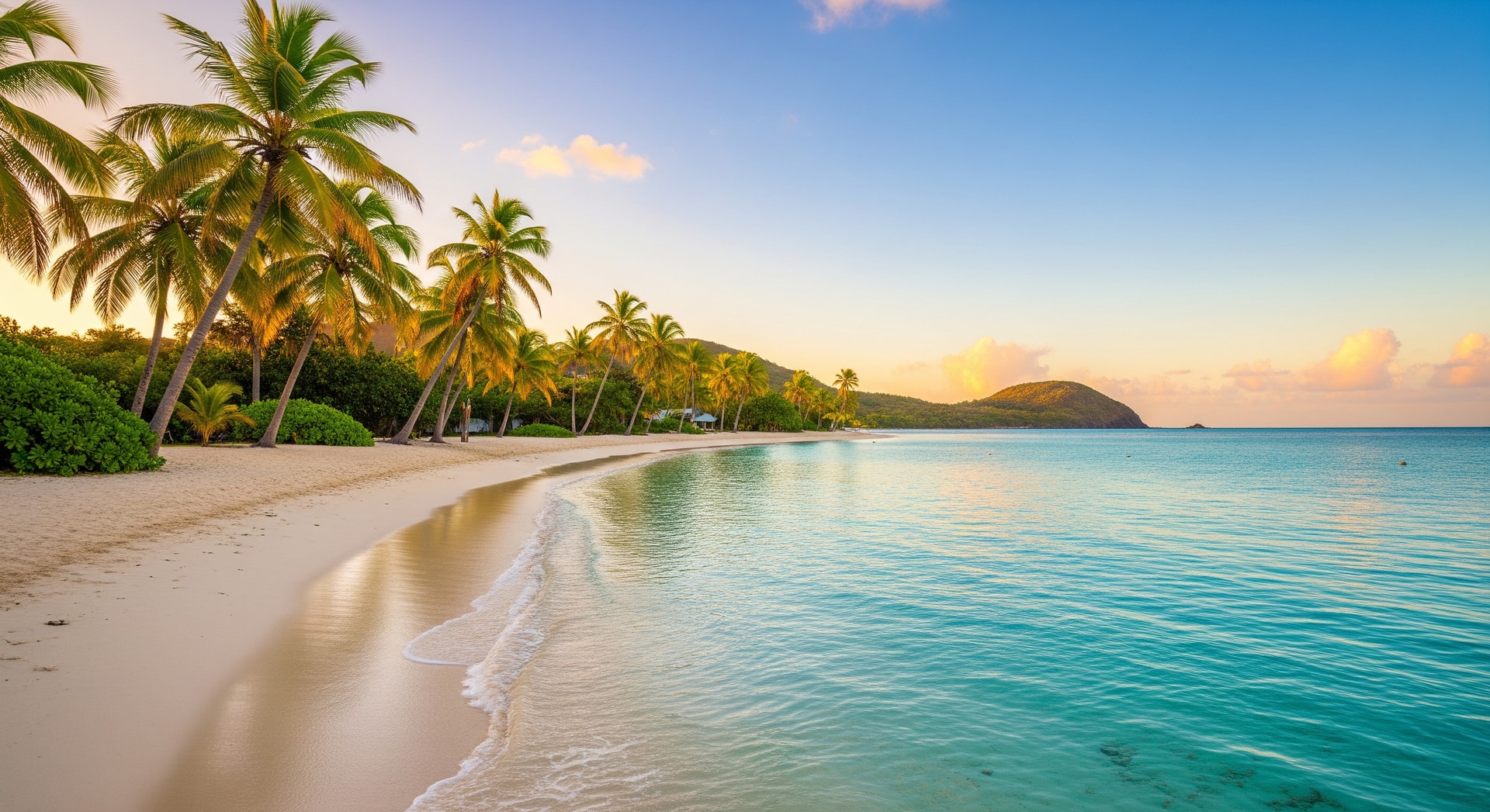 Crystal clear turquoise waters and white sand beach in Antigua with palm trees