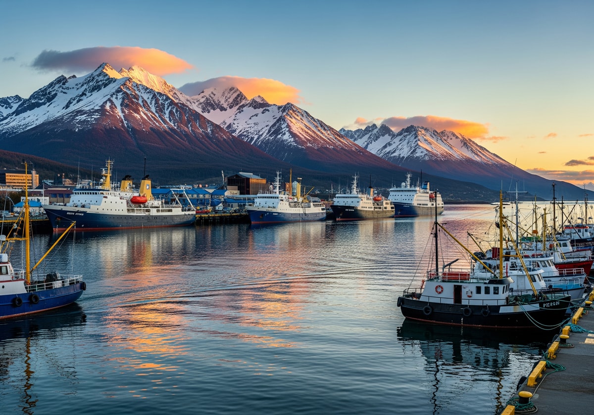 Ushuaia harbor with mountains and ships