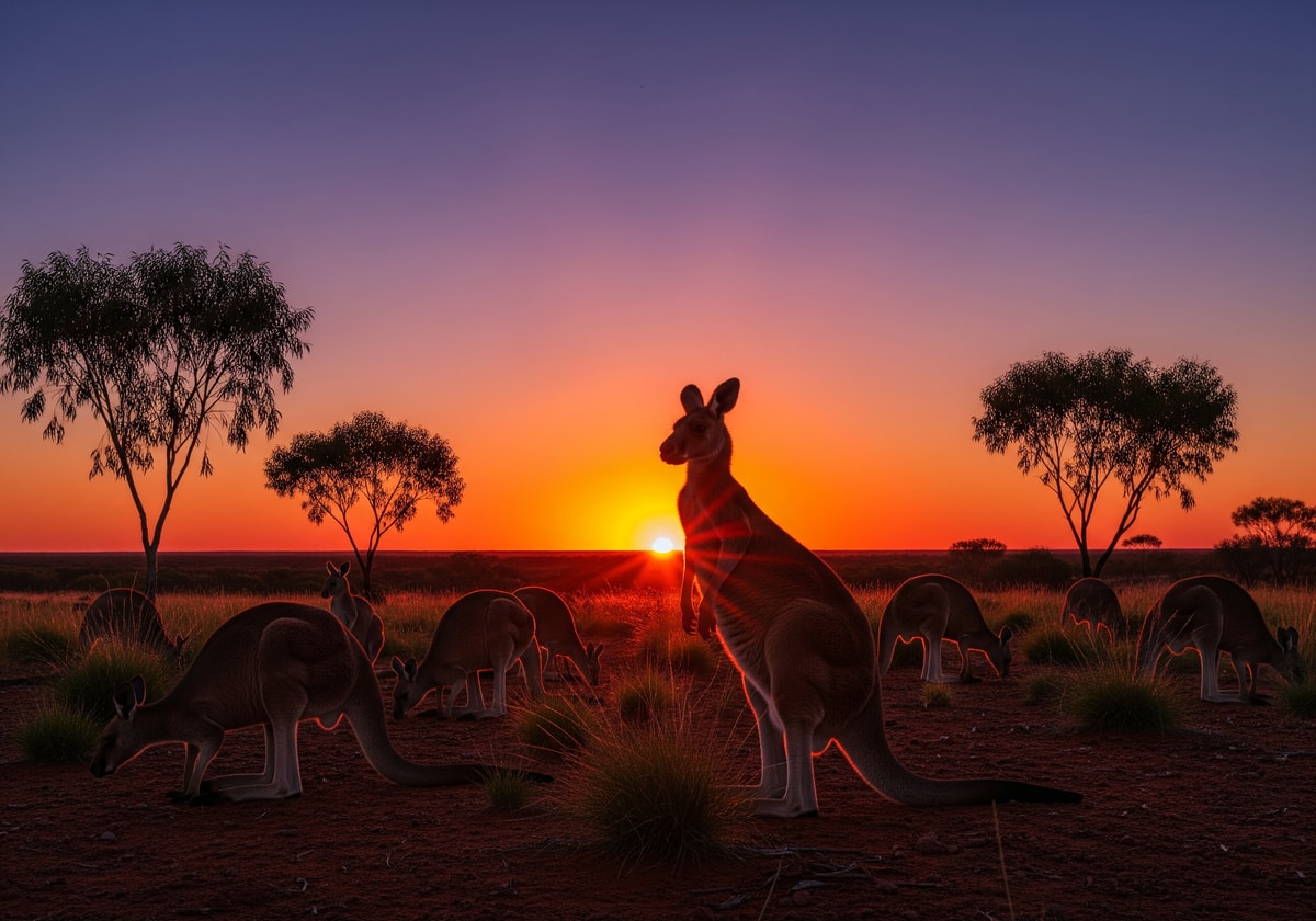 Kangaroos at sunset in the Australian outback