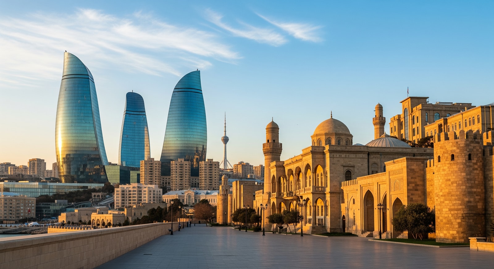 Baku business district with modern glass buildings and historic old city