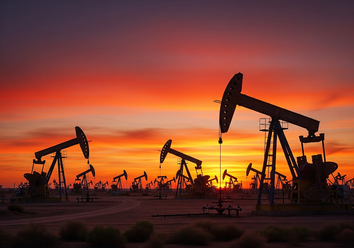 Oil derricks at sunset representing energy sector