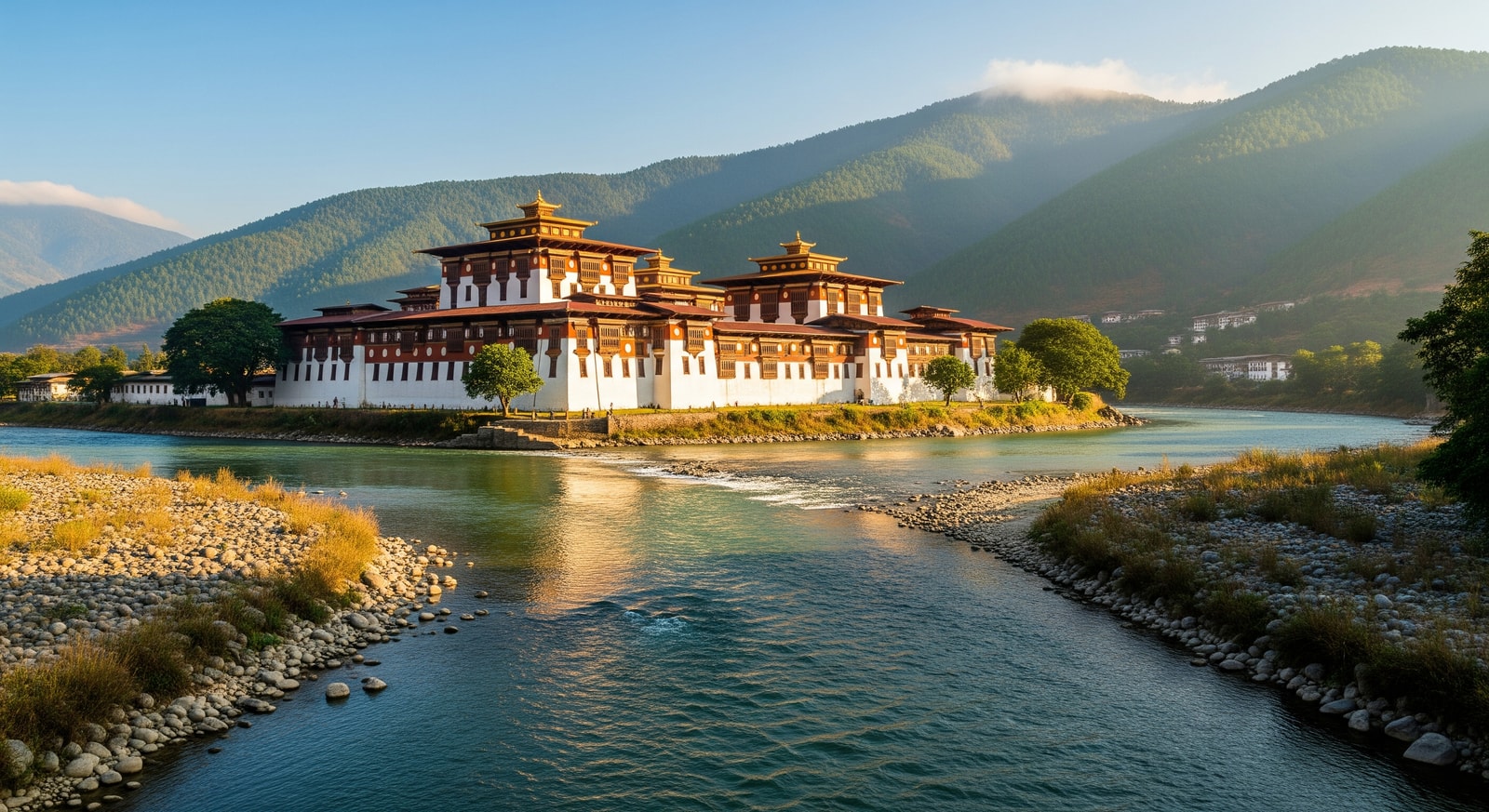 Punakha Dzong fortress at the confluence of two rivers