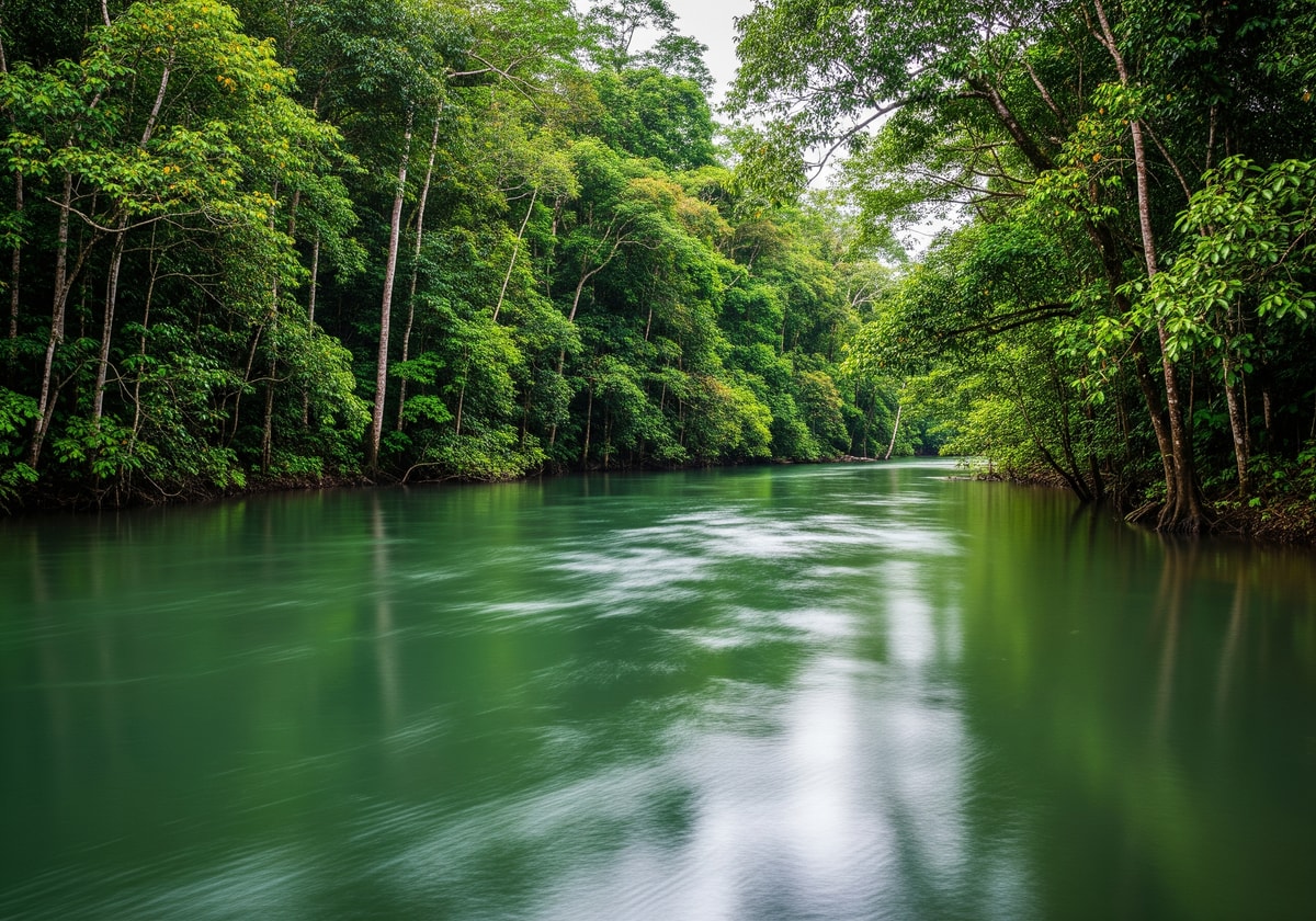 Amazon rainforest river with dense vegetation