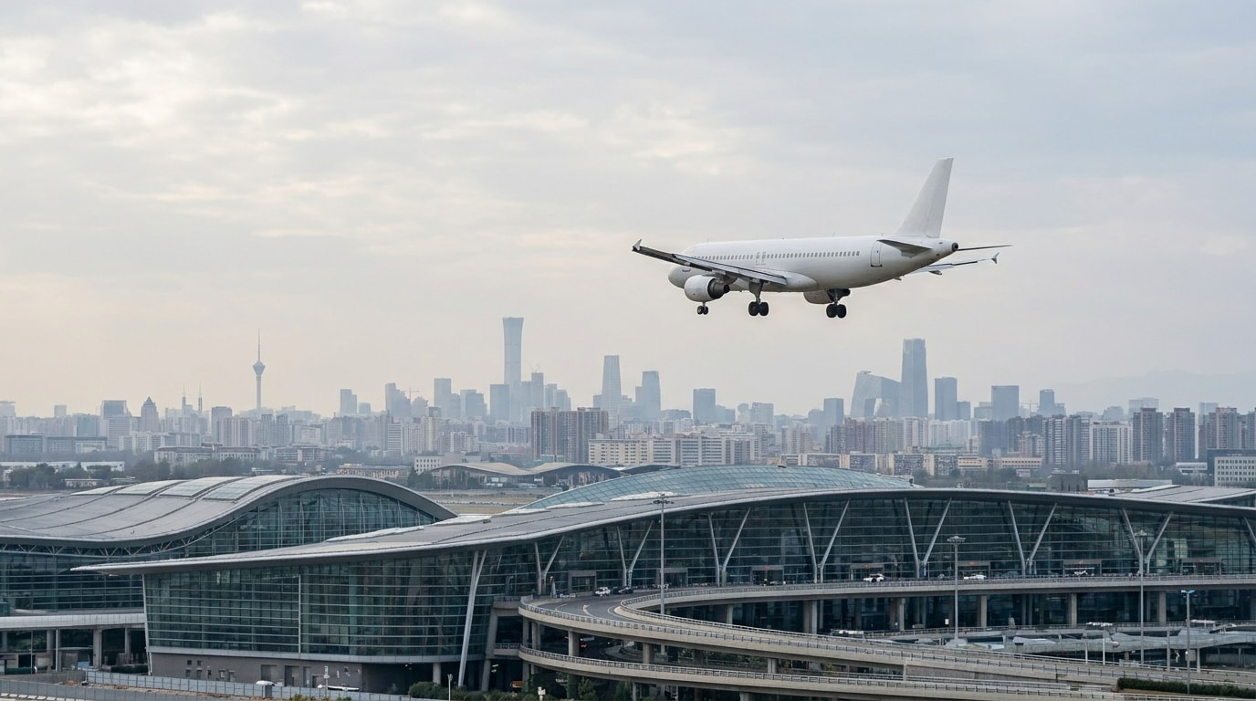 Airplane approaching Beijing airport, representing China visa-free transit routes