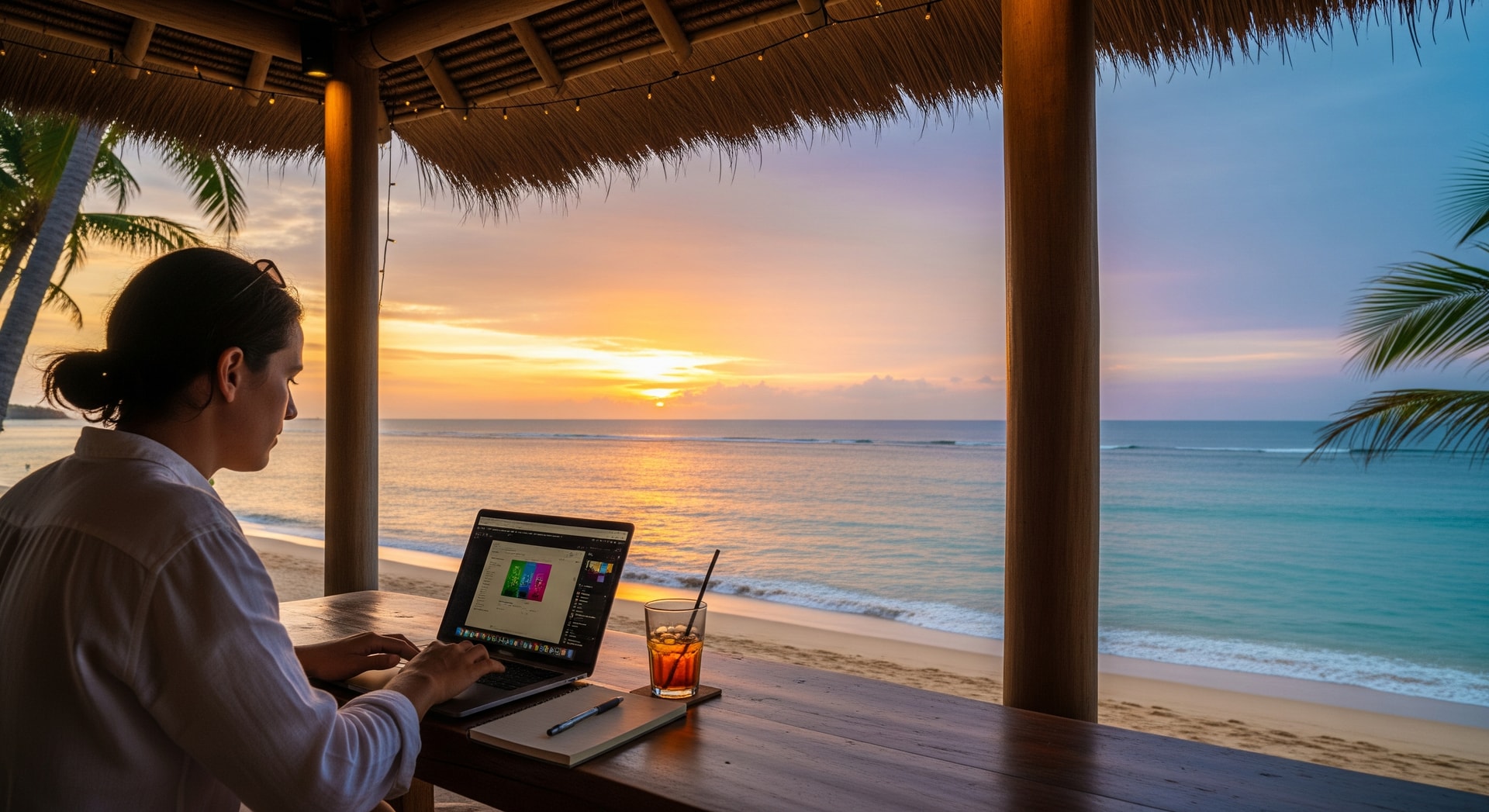 Person working on laptop at a beachside cafe with ocean view