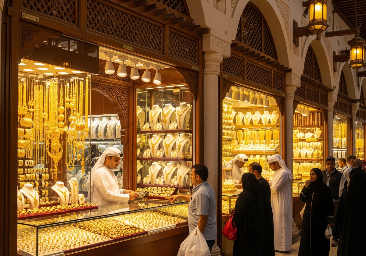 Traditional gold souk in Dubai with shops displaying jewelry