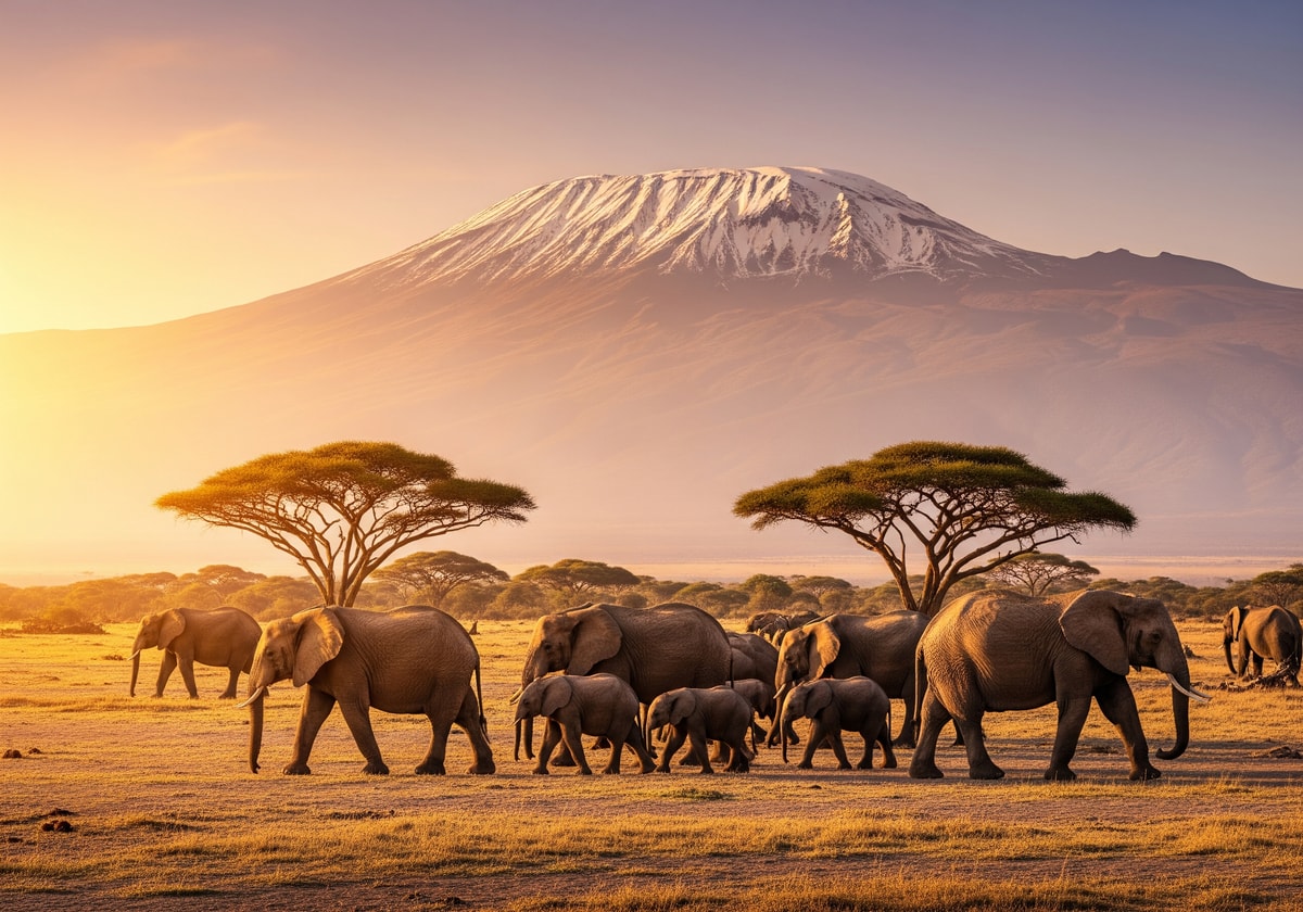 Elephants at the foot of Mount Kilimanjaro in Amboseli National Park Kenya