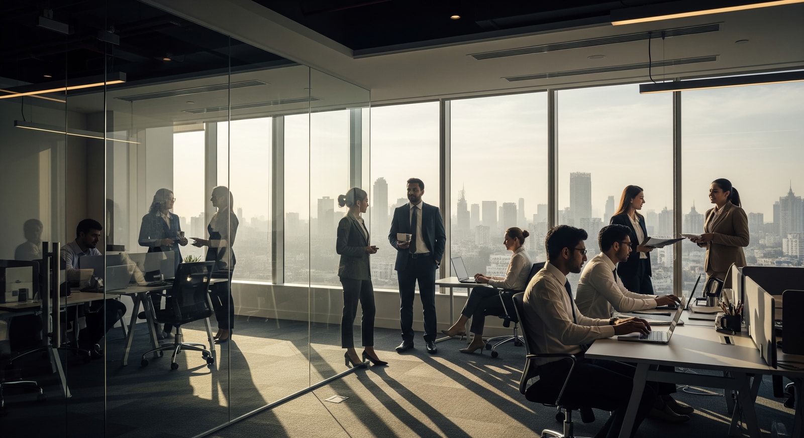 Business professionals in modern Mumbai office with city skyline view
