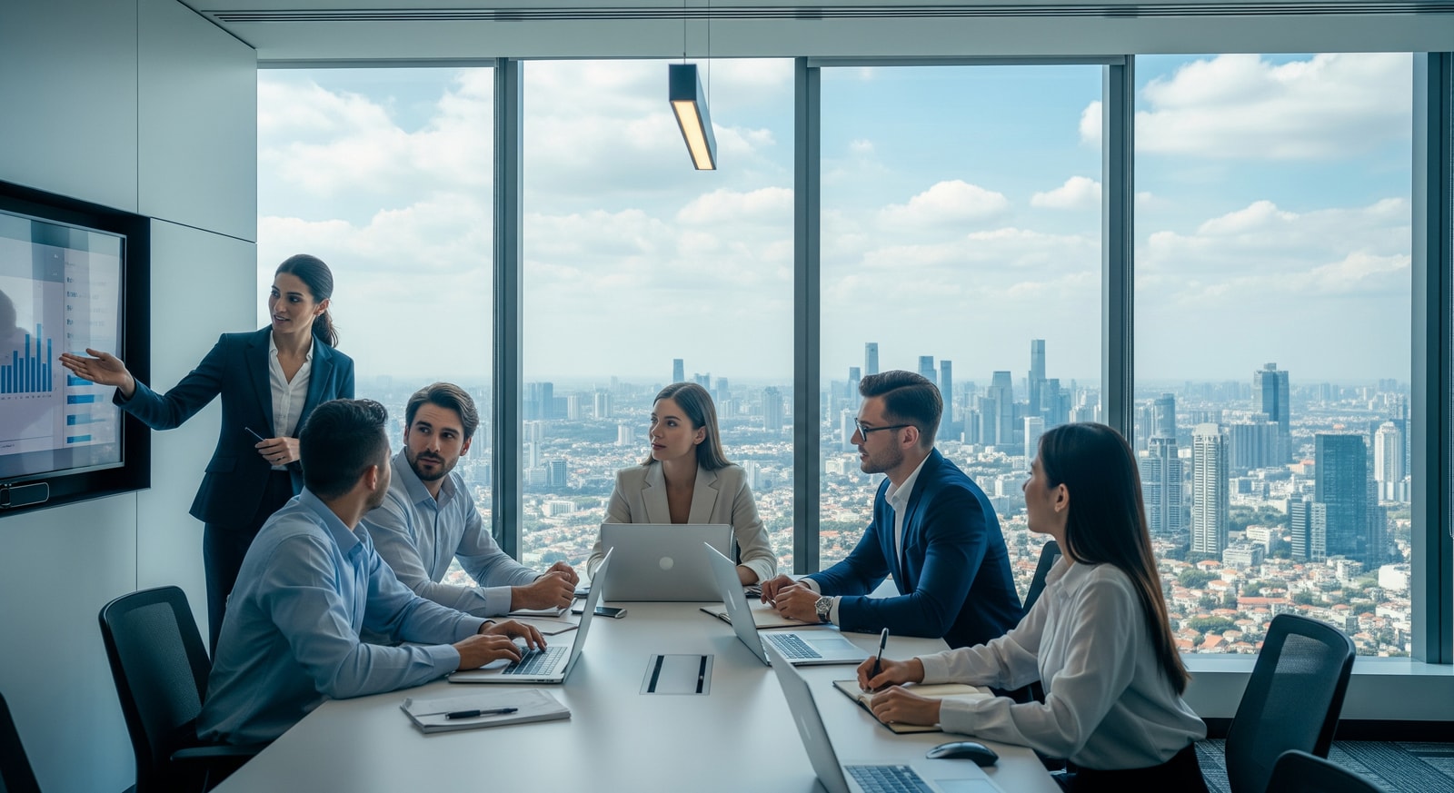 Modern business meeting in Jakarta office with city views
