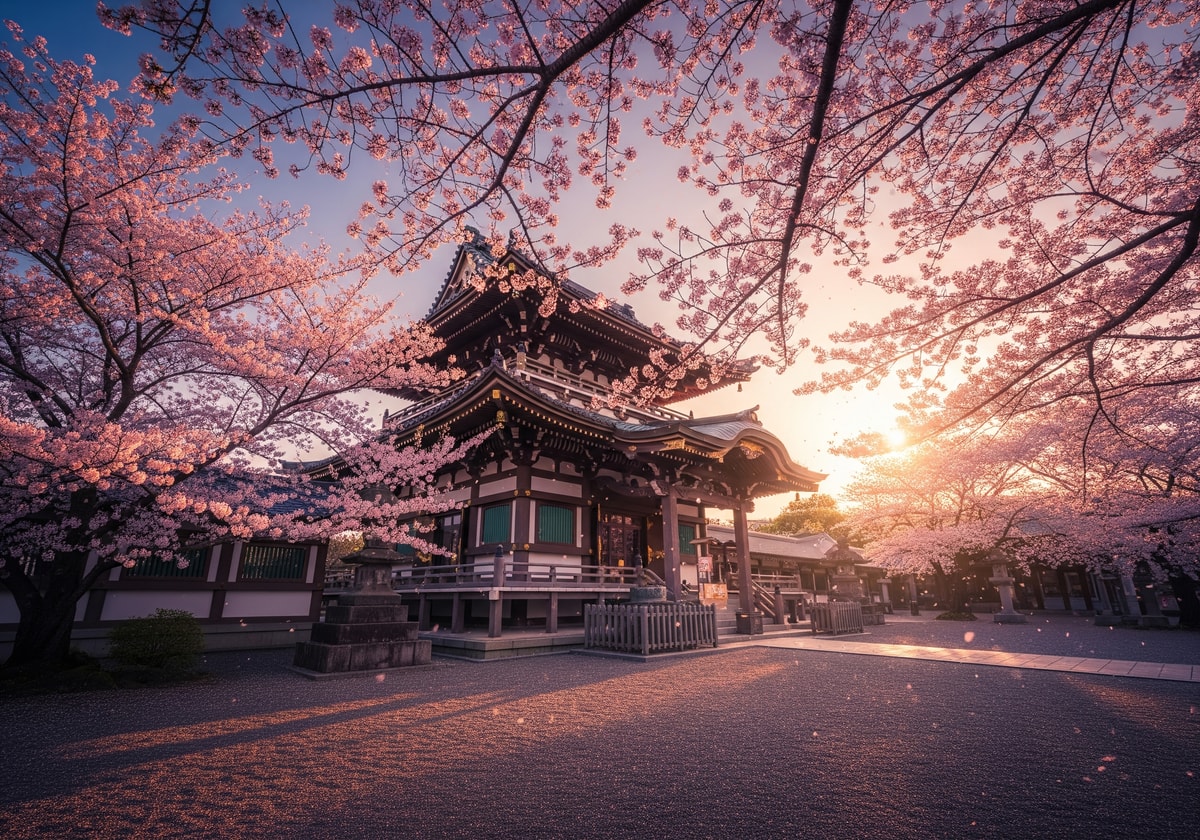 Cherry blossoms in full bloom at a Japanese temple