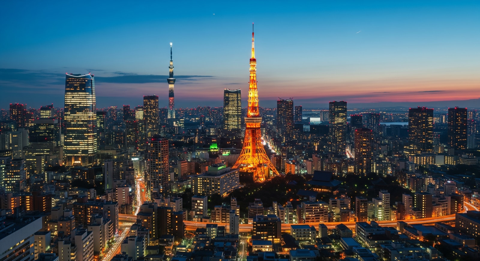 Tokyo skyline at night with Tokyo Tower illuminated