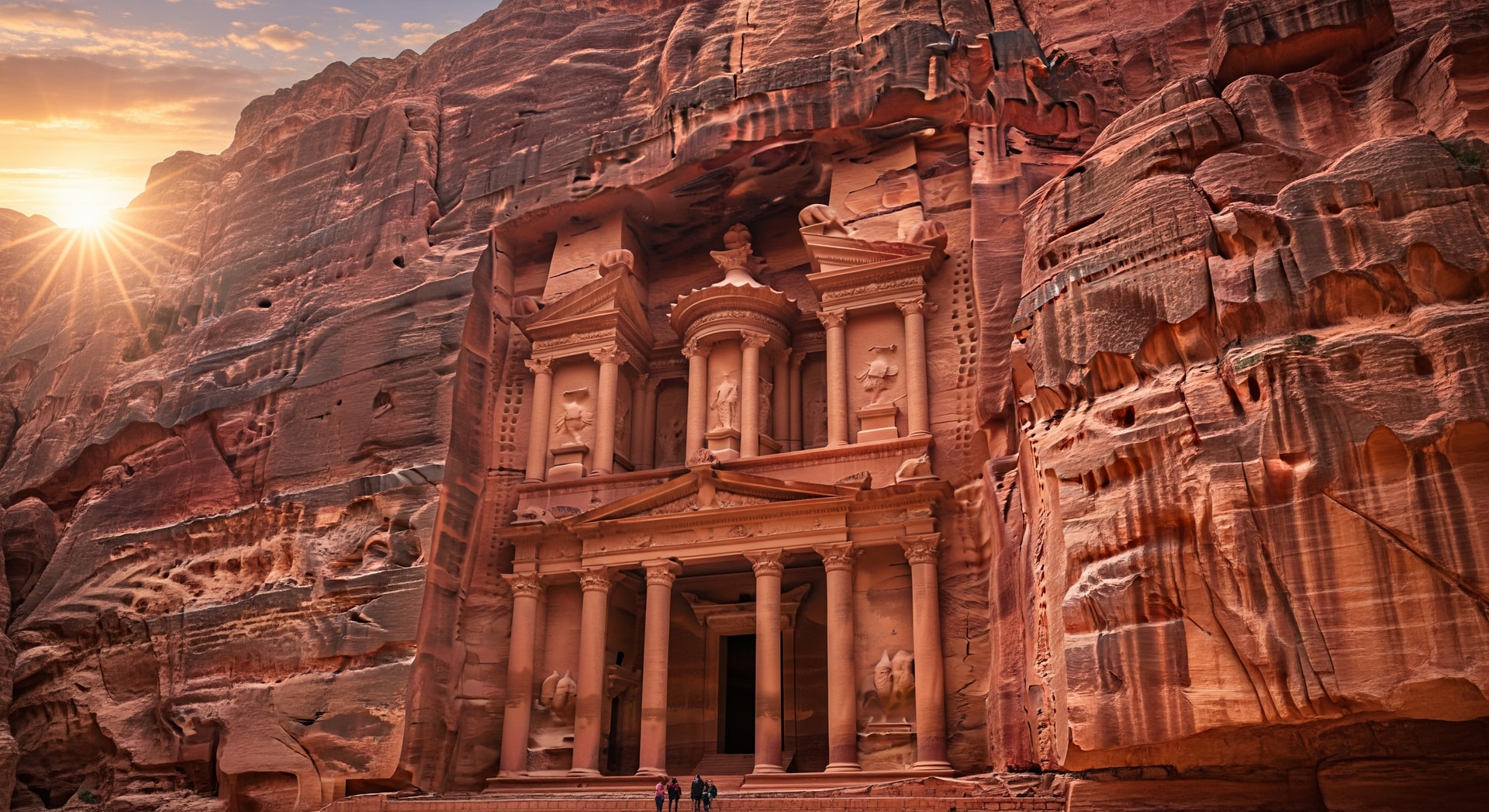 The Treasury at Petra Jordan carved into rose-red cliffs