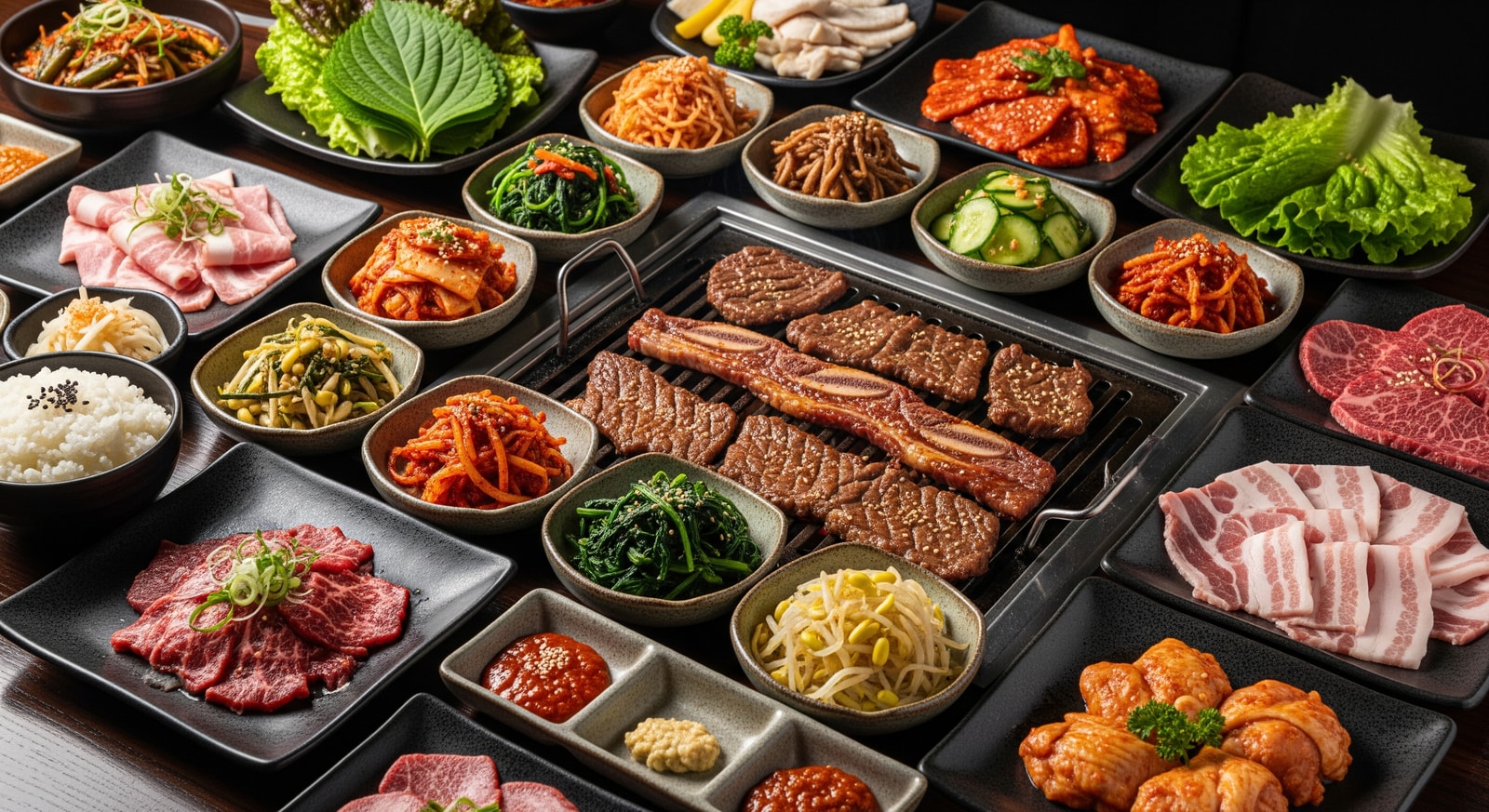 Colorful Korean BBQ spread with various side dishes banchan
