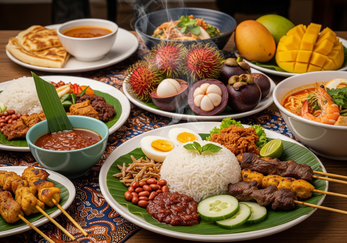Traditional Malaysian food spread including nasi lemak and satay