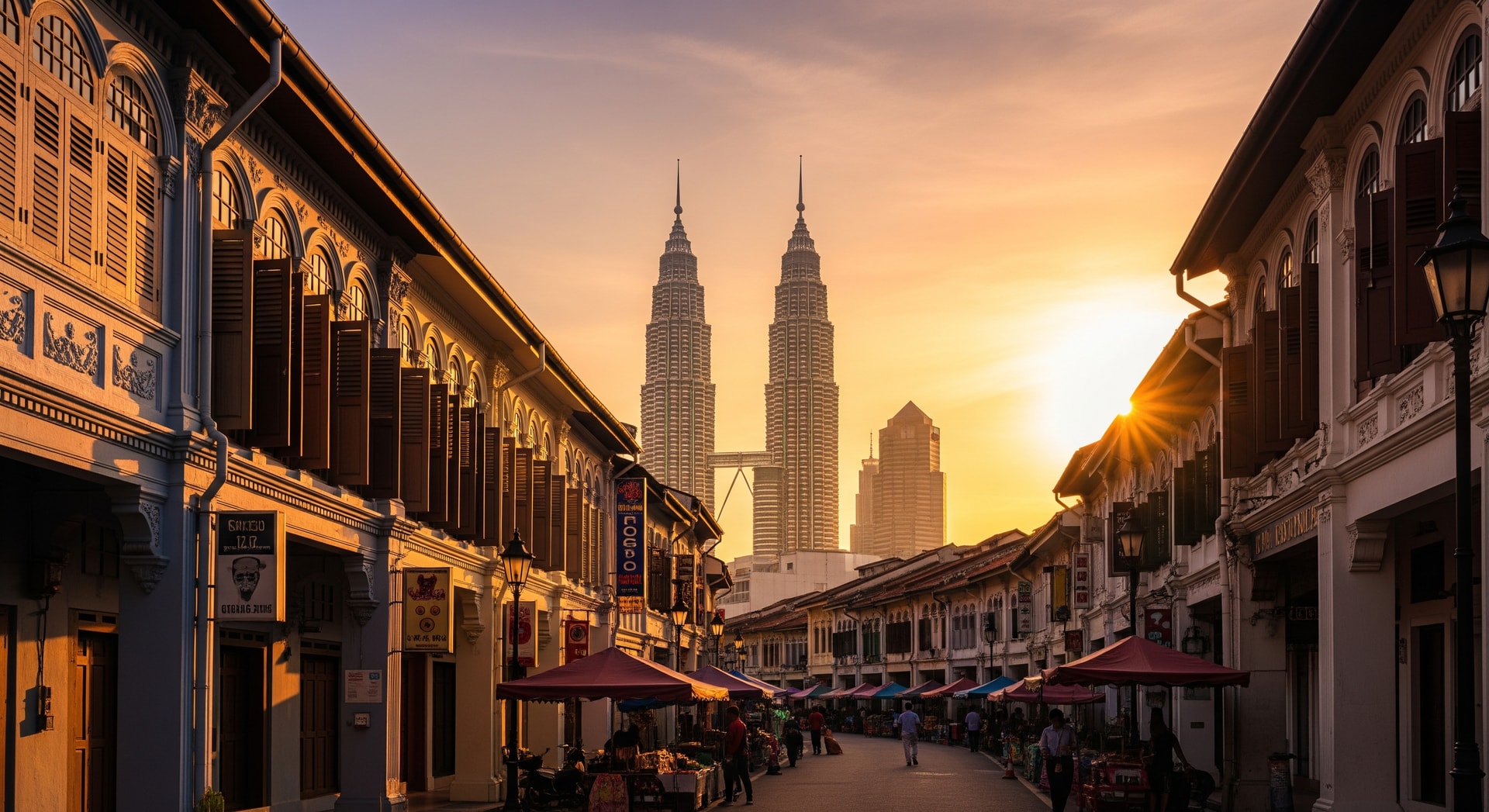 Colorful Malaysian street with traditional architecture and Petronas Towers in the background