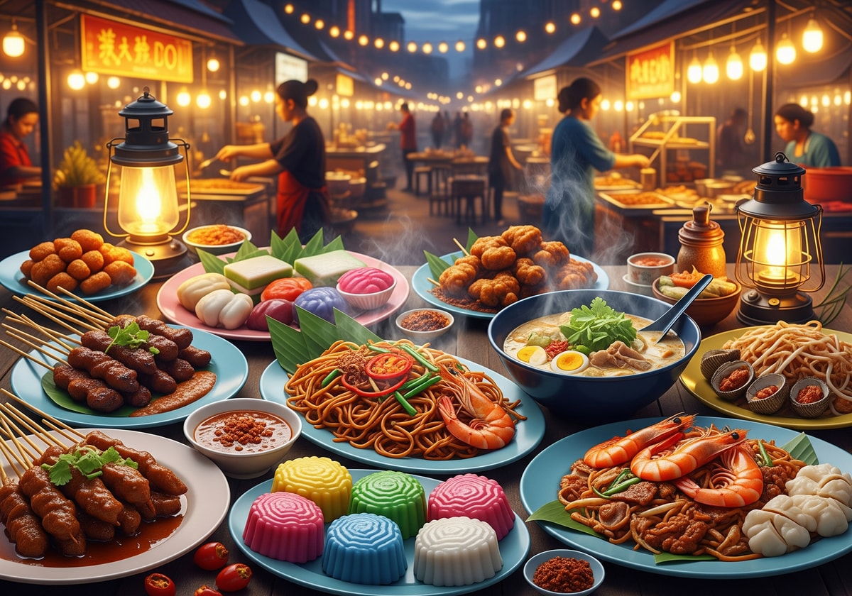 Malaysian street food night market with various local dishes