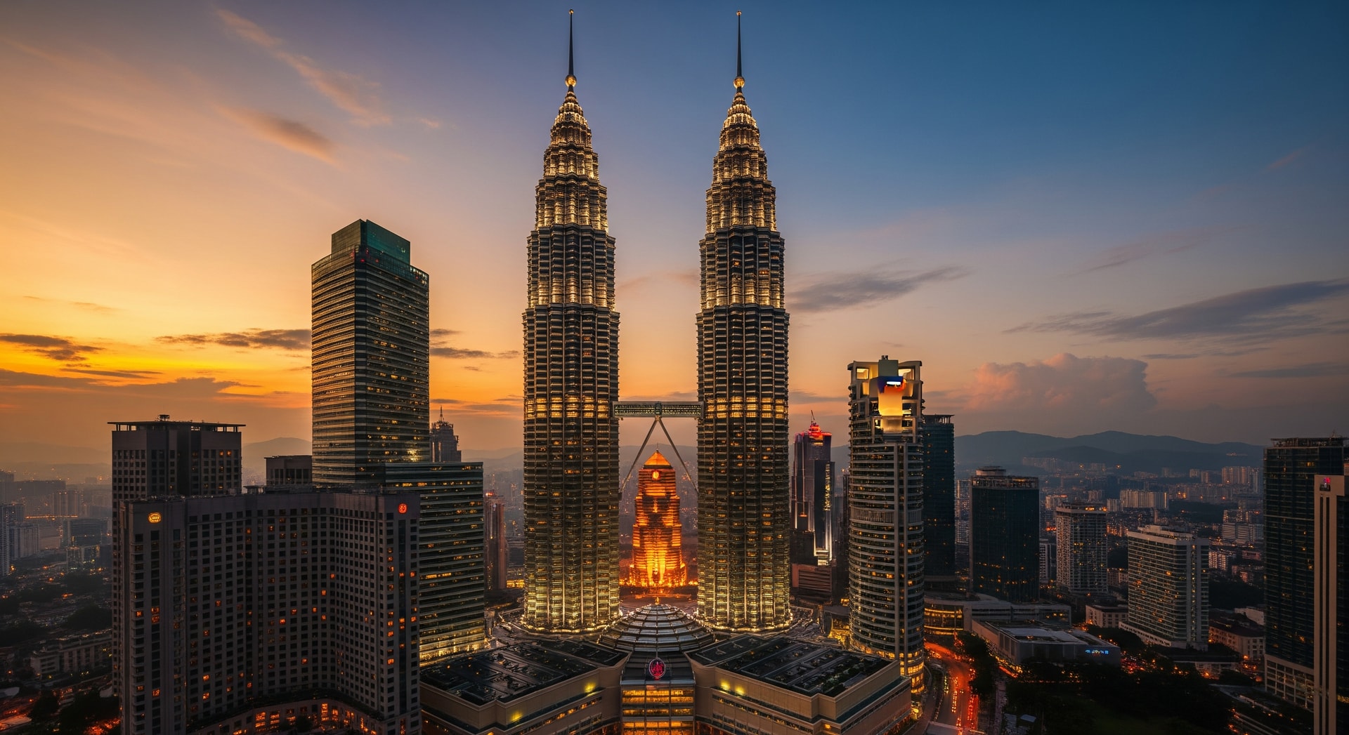 Petronas Twin Towers in Kuala Lumpur Malaysia at sunset with city lights