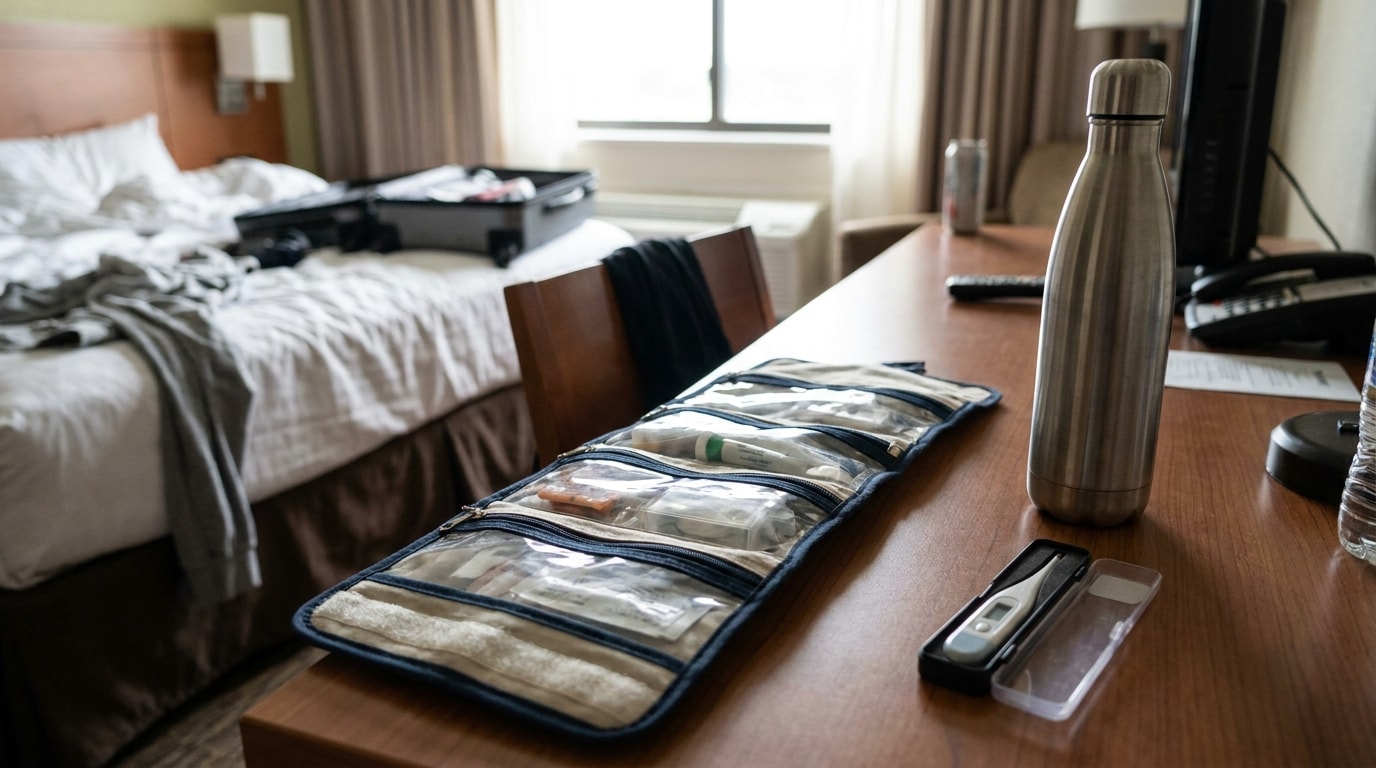 Medication organizer and health supplies packed for medical travel
