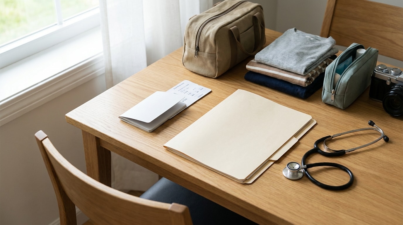 Medical travel documents, passport and stethoscope prepared for treatment in Thailand