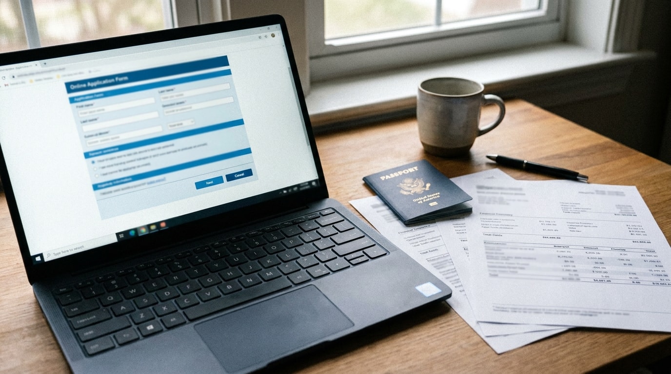 Laptop and passport prepared for an online Thailand medical visa application
