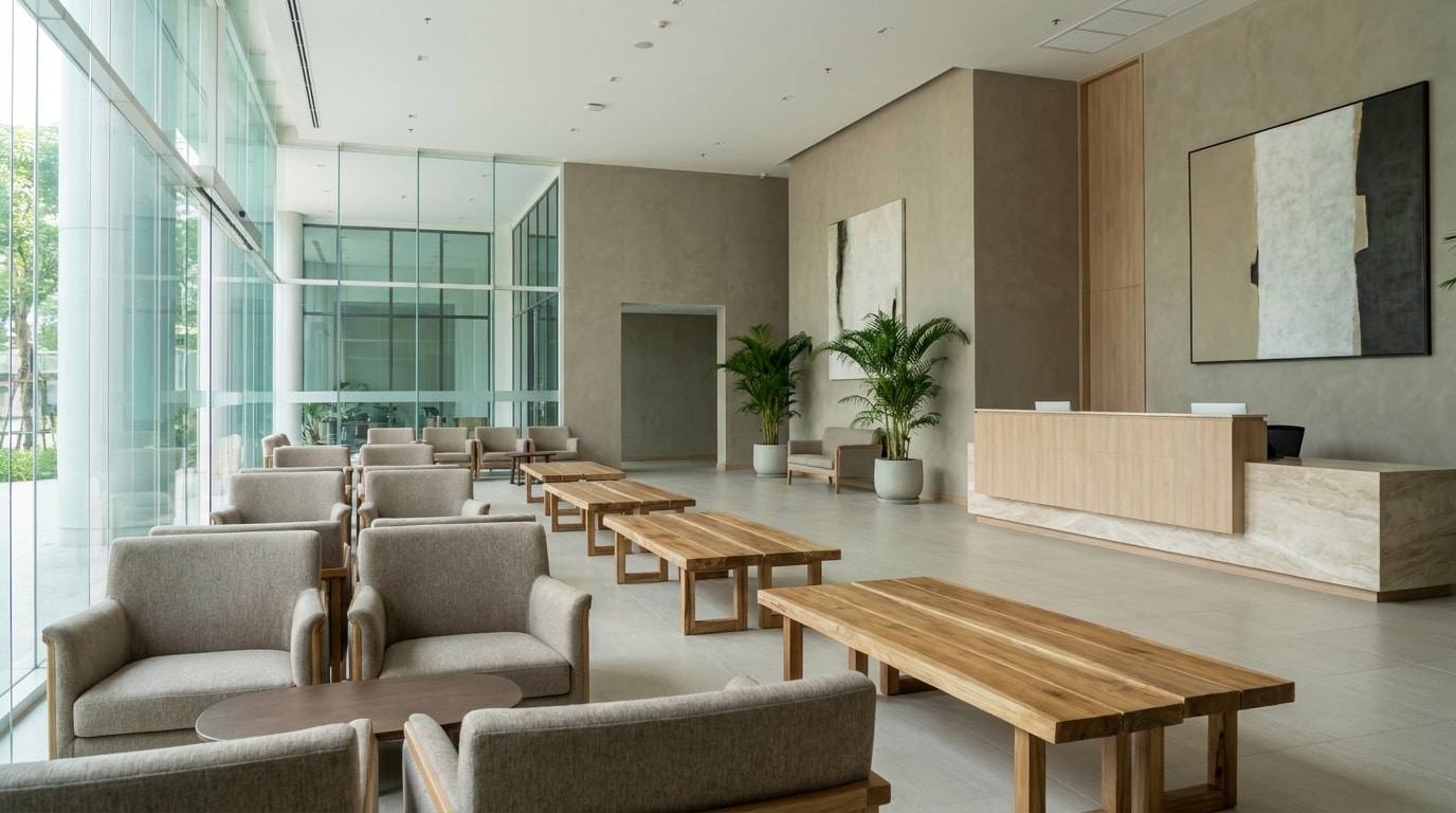 Modern hospital reception area in Thailand for international patients