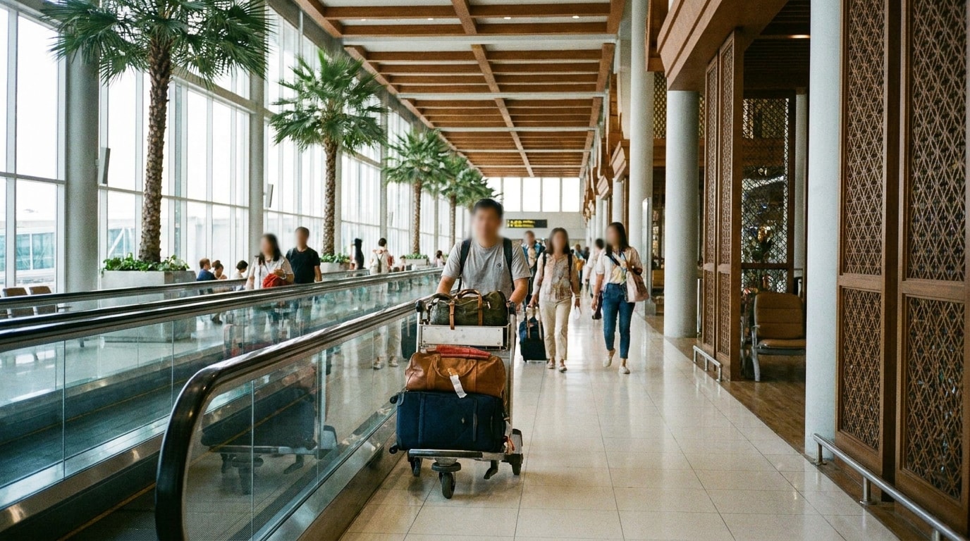 Airport arrival walkway in Thailand with luggage for a medical trip