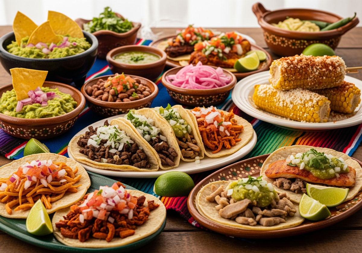 Traditional Mexican tacos and food spread