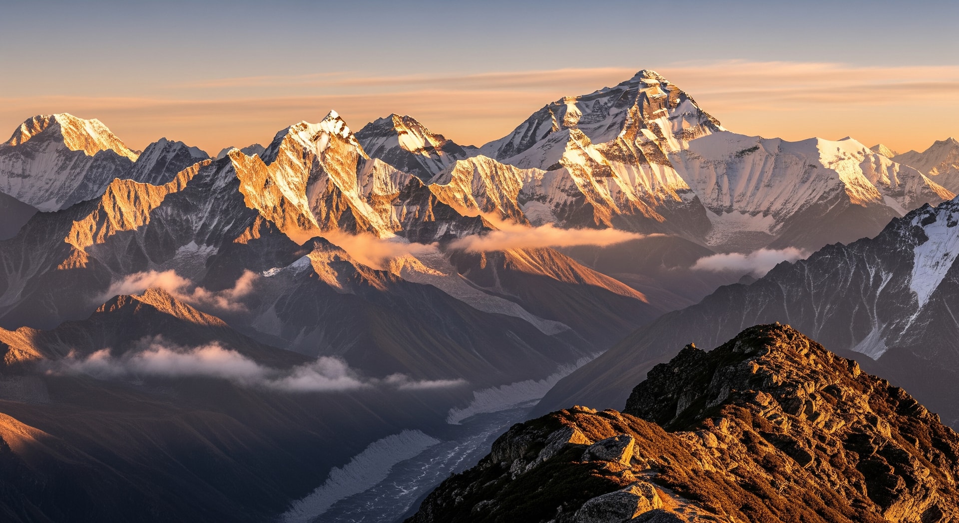 Mount Everest and Himalayan peaks seen from Nepal