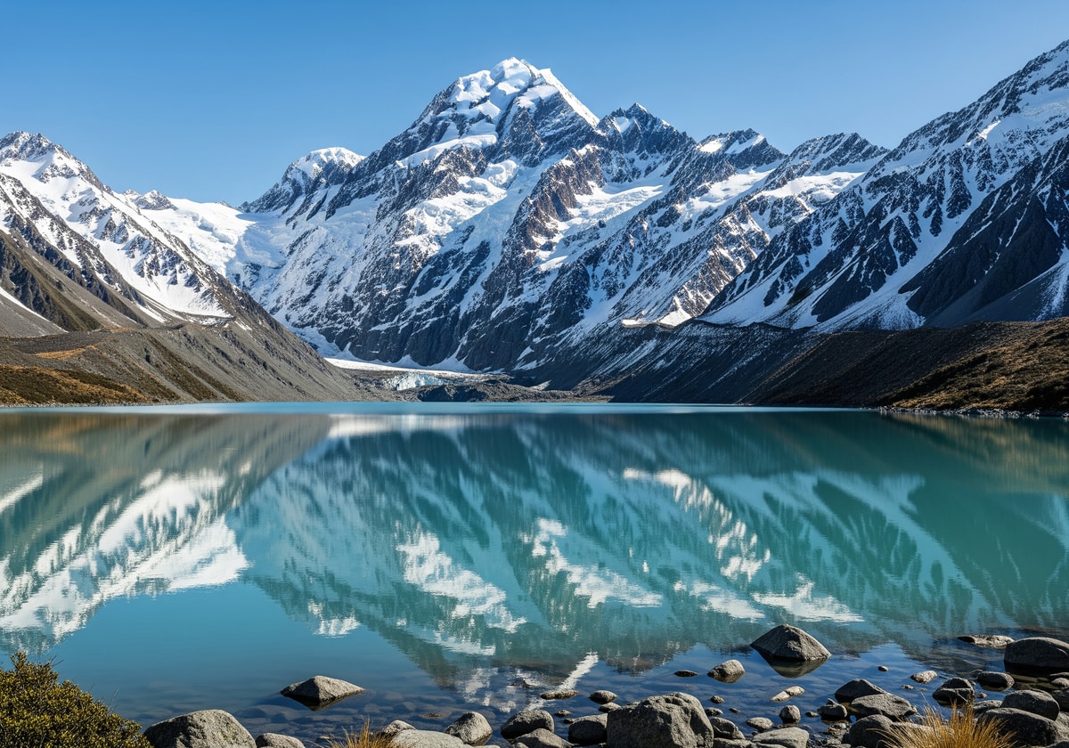 Snow-capped Mount Cook reflected in a glacial lake