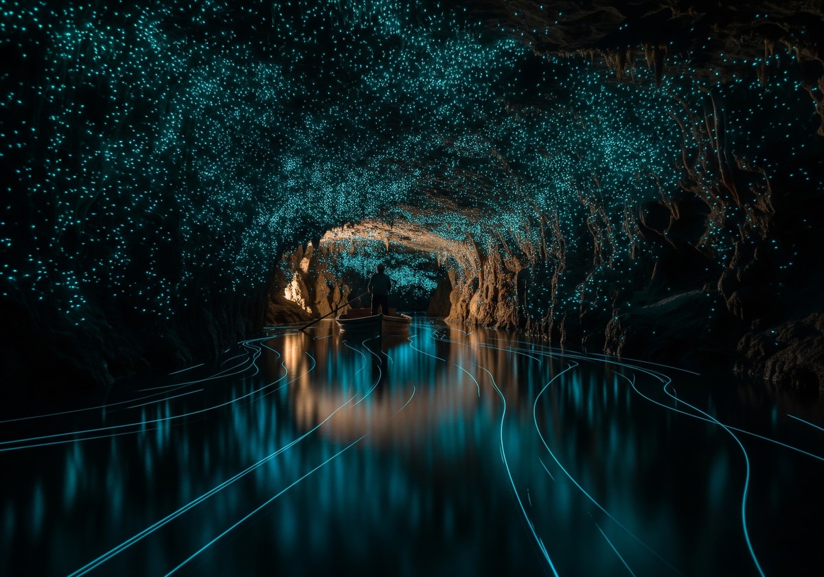 Glowing worms illuminate Waitomo Caves in blue light