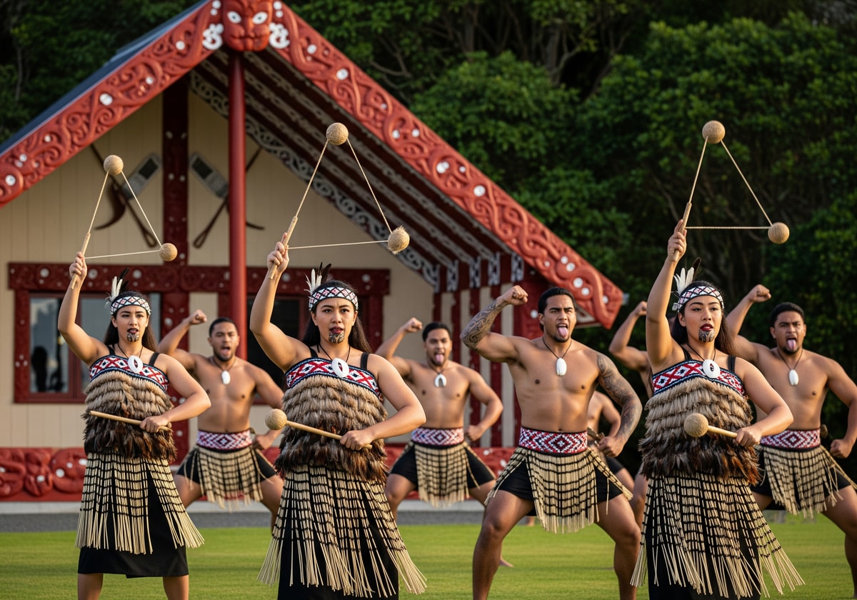 Traditional Maori cultural performance with poi and haka
