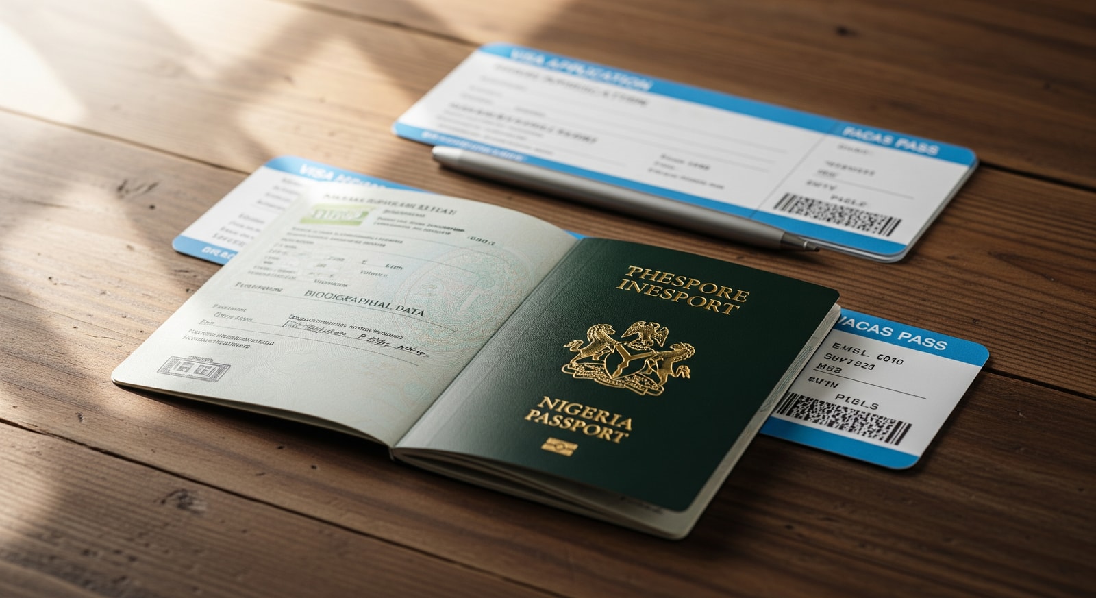 Nigerian passport and travel documents laid out on a wooden desk