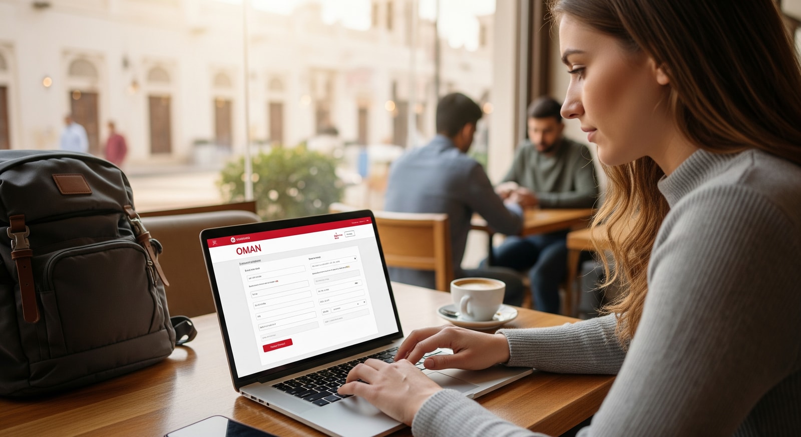 Traveler completing Oman e-Visa application on laptop computer