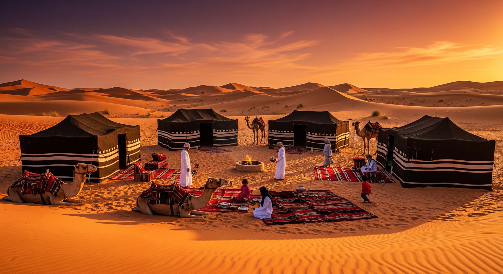 Traditional Bedouin camp in the Wahiba Sands desert of Oman at sunset
