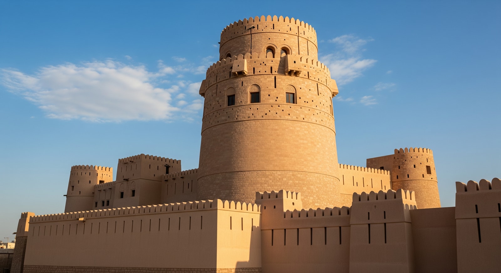 Historic Nizwa Fort in Oman with its iconic round tower against blue sky