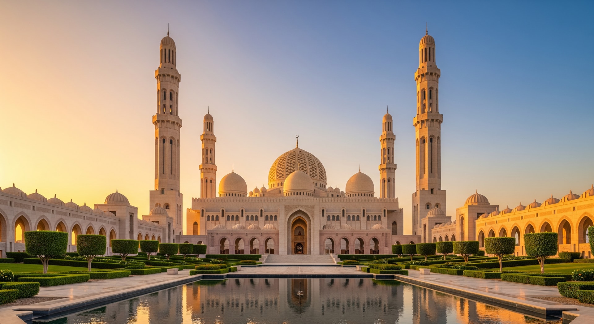 Sultan Qaboos Grand Mosque in Muscat Oman with its stunning white marble architecture and minarets