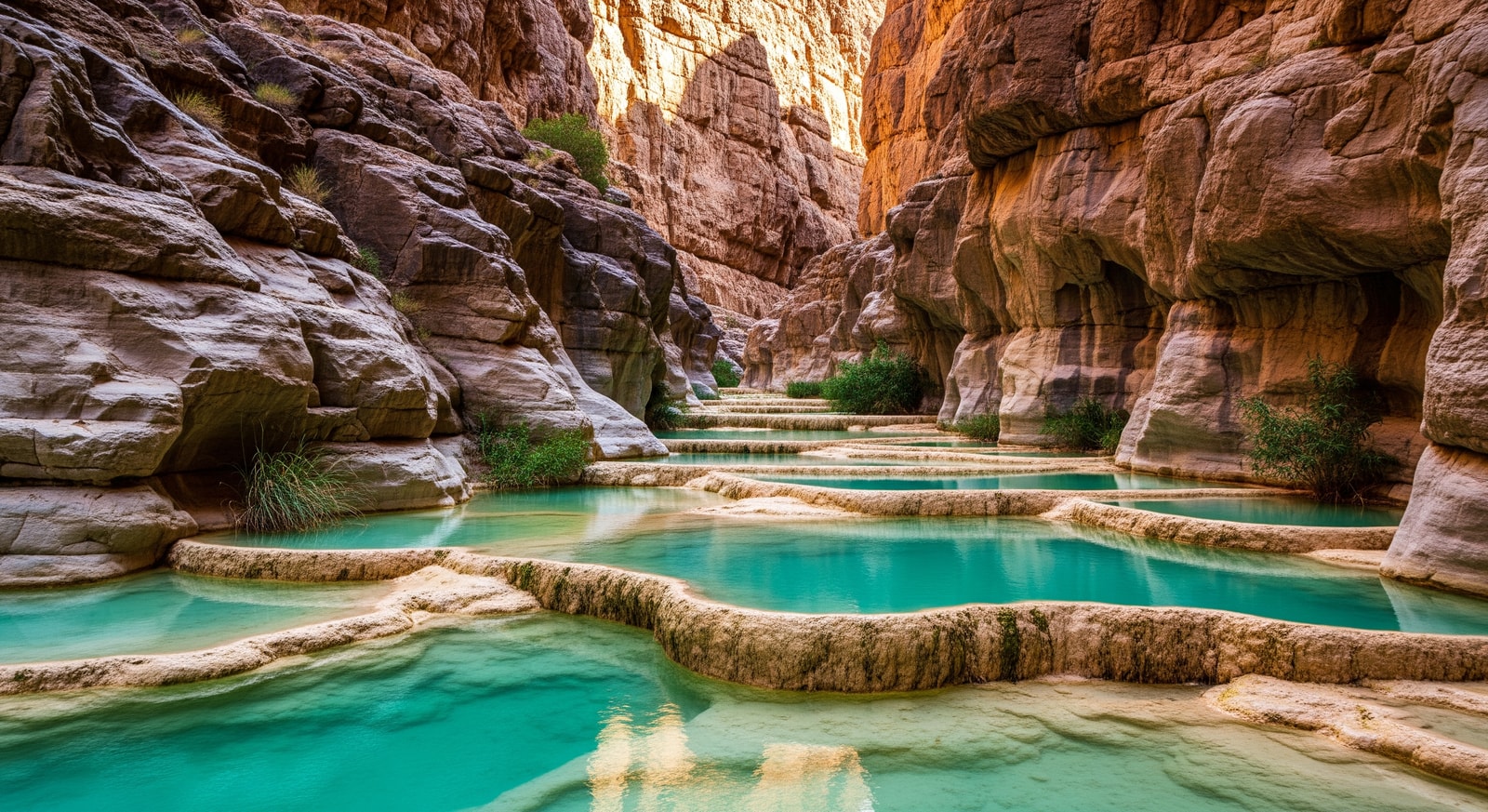 Beautiful turquoise pools of Wadi Shab in Oman surrounded by rocky cliffs