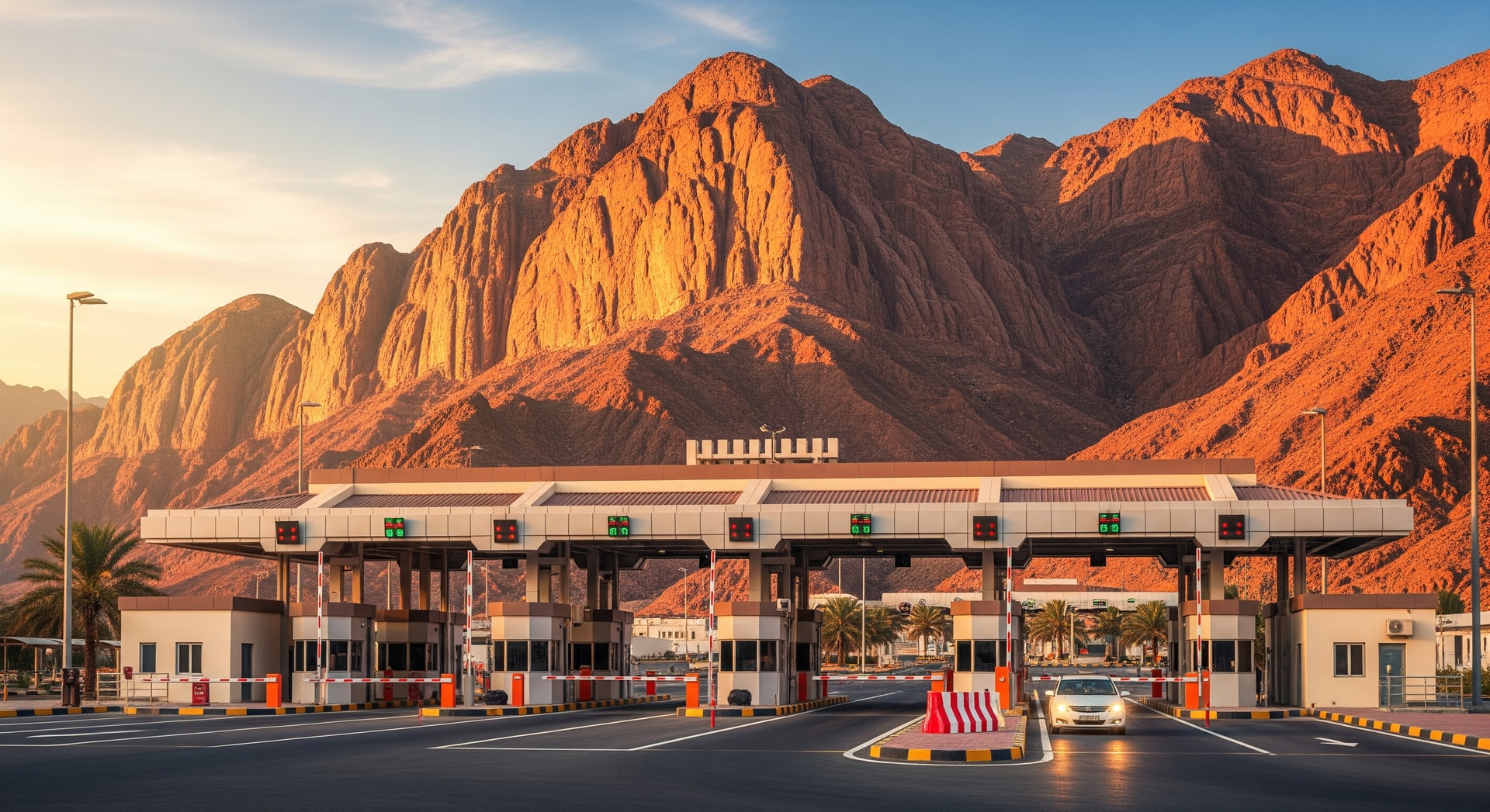 Hatta-Oman border crossing checkpoint between UAE and Oman with mountain backdrop