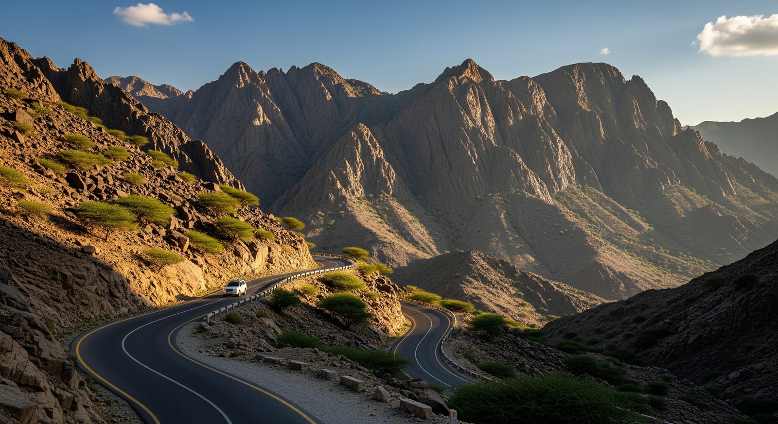 Scenic mountain road through Hajar Mountains on the drive between UAE and Oman
