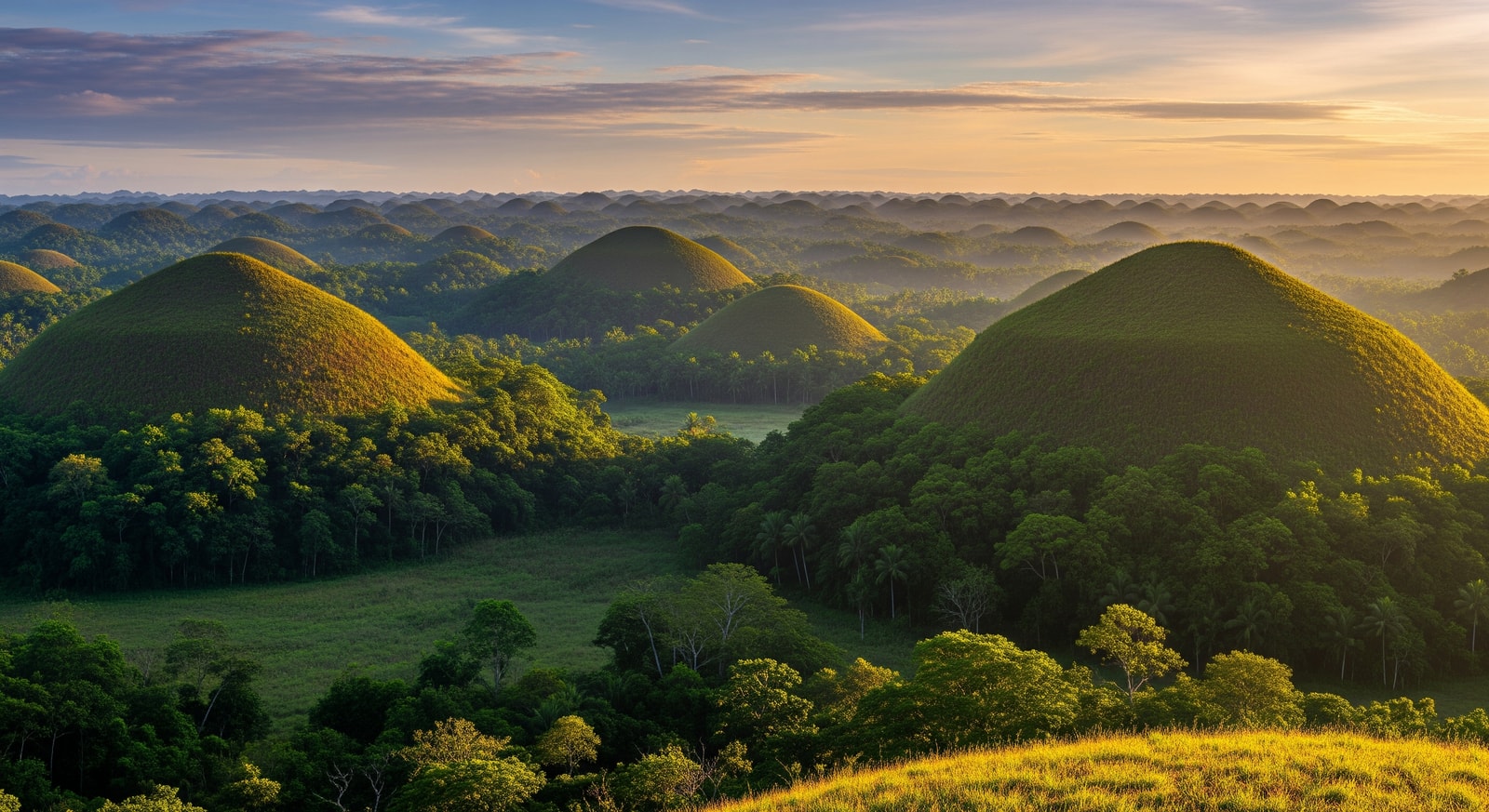 Famous Chocolate Hills in Bohol Philippines with green grass covered dome-shaped hills