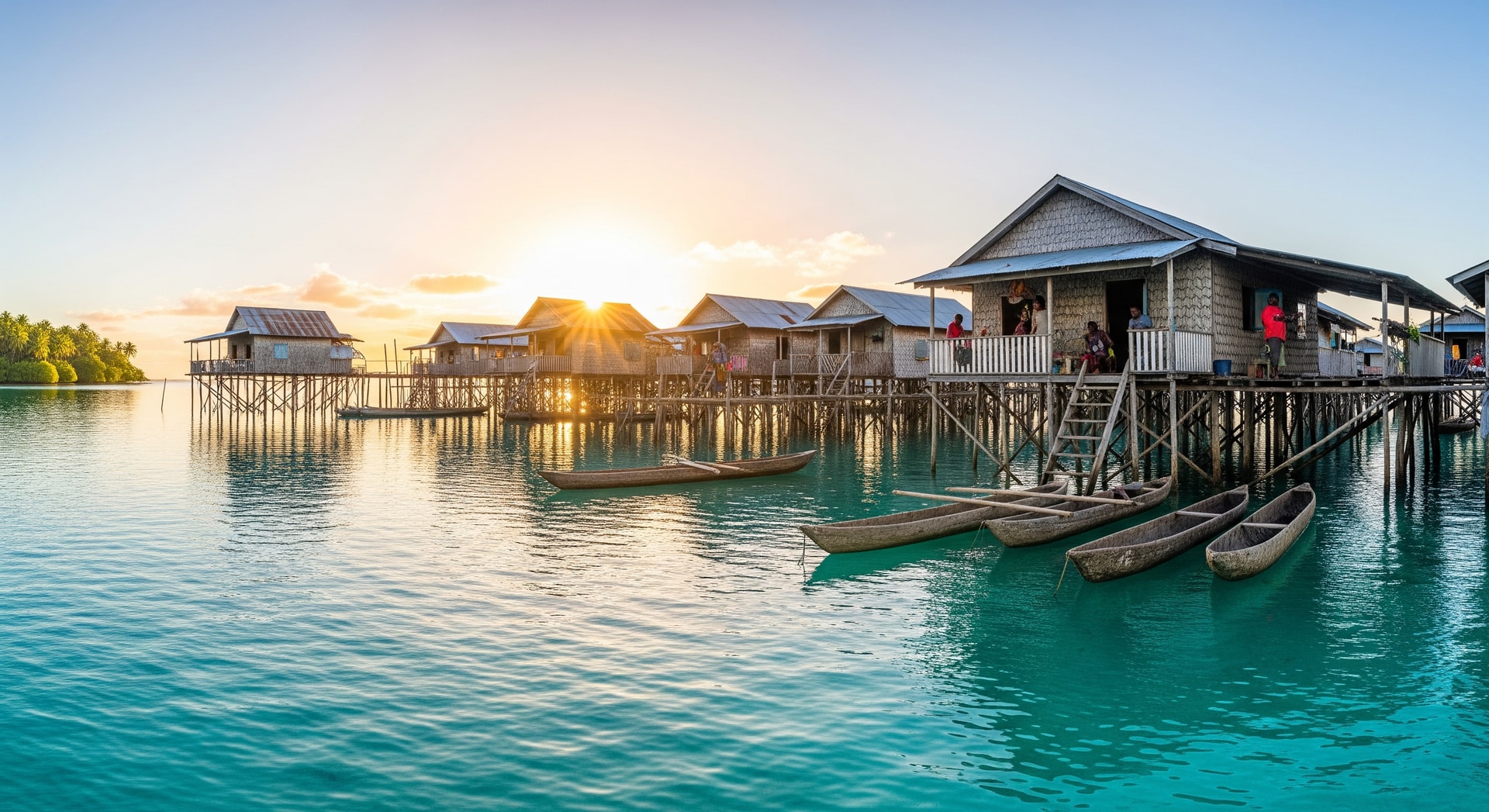 Traditional stilt houses in Papua New Guinea village over turquoise water