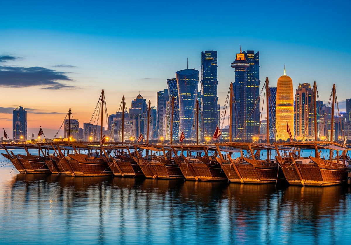 Traditional dhow boats in Doha harbor with skyline