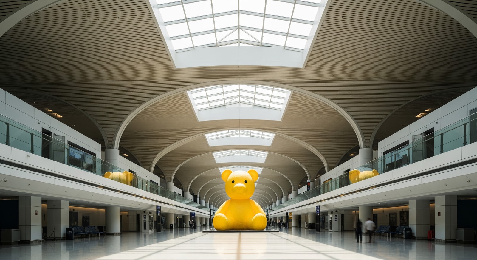 Interior of Hamad International Airport in Doha Qatar with modern architecture and giant teddy bear
