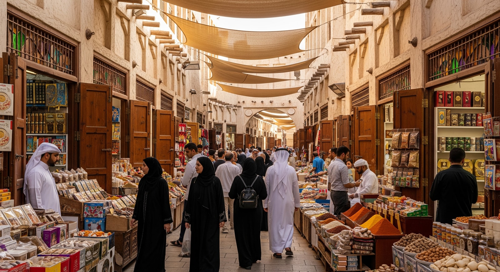 Traditional Souq Waqif market in Doha Qatar with historic architecture and shops