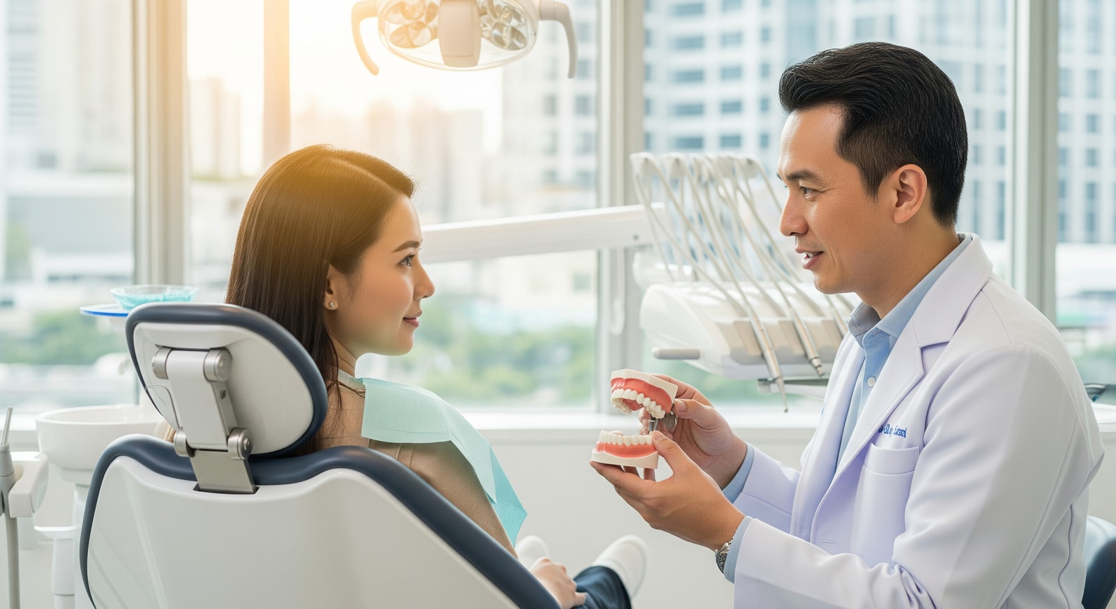 Patient consultation with dentist discussing dental veneers treatment at Samitivej