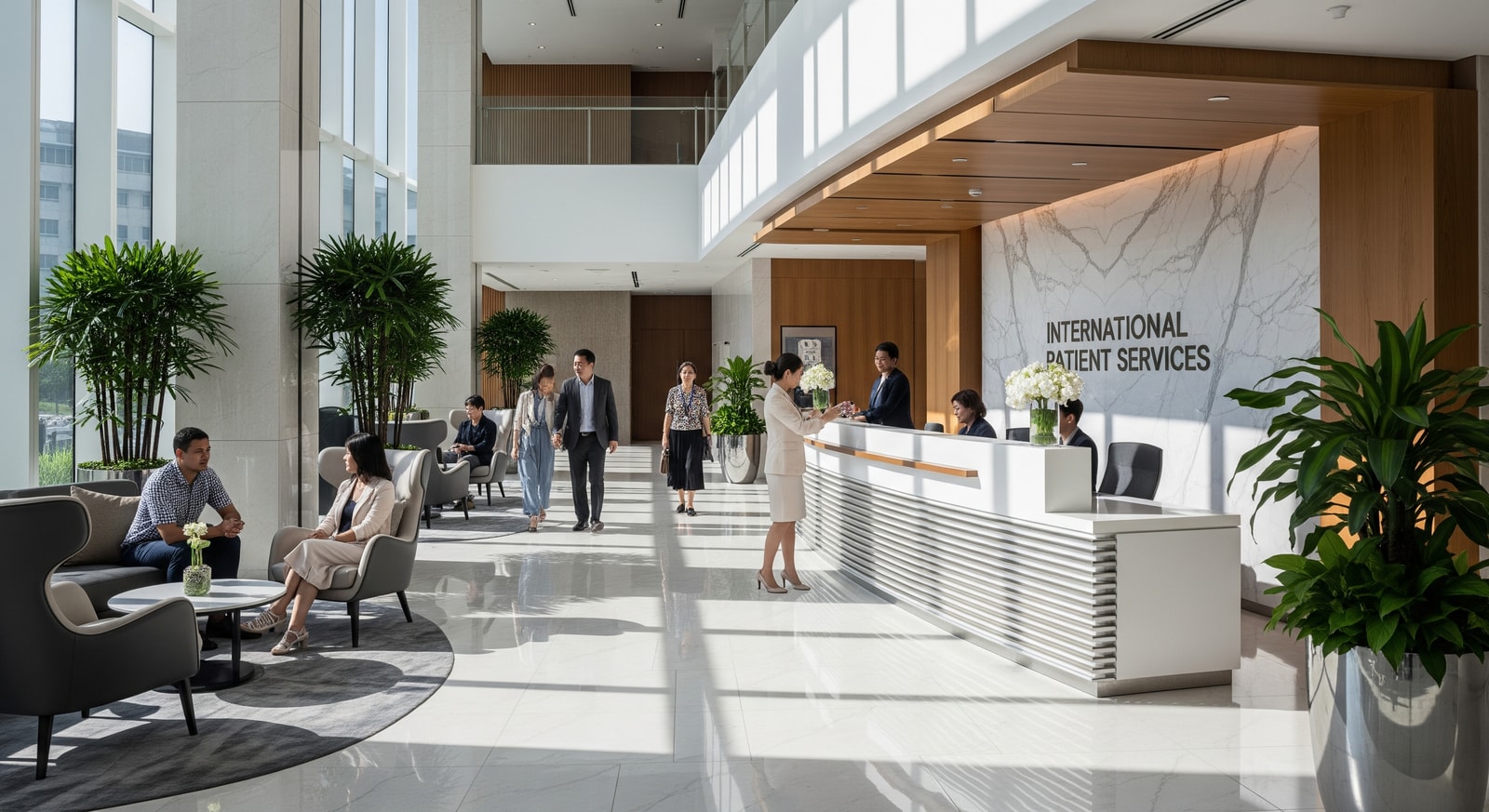 Luxurious hospital lobby at Samitivej Srinakarin with international patient services desk