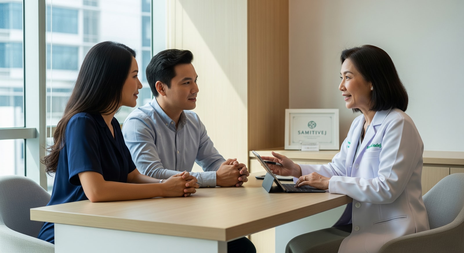 Couple meeting with fertility specialist doctor in consultation room at Samitivej