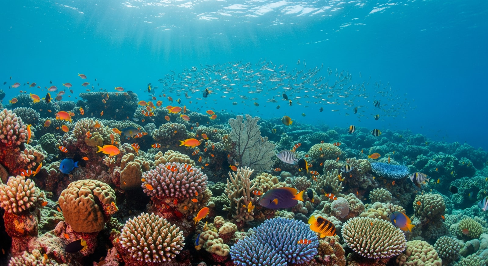 Crystal clear Red Sea water with colorful coral reefs and tropical fish in Saudi Arabia
