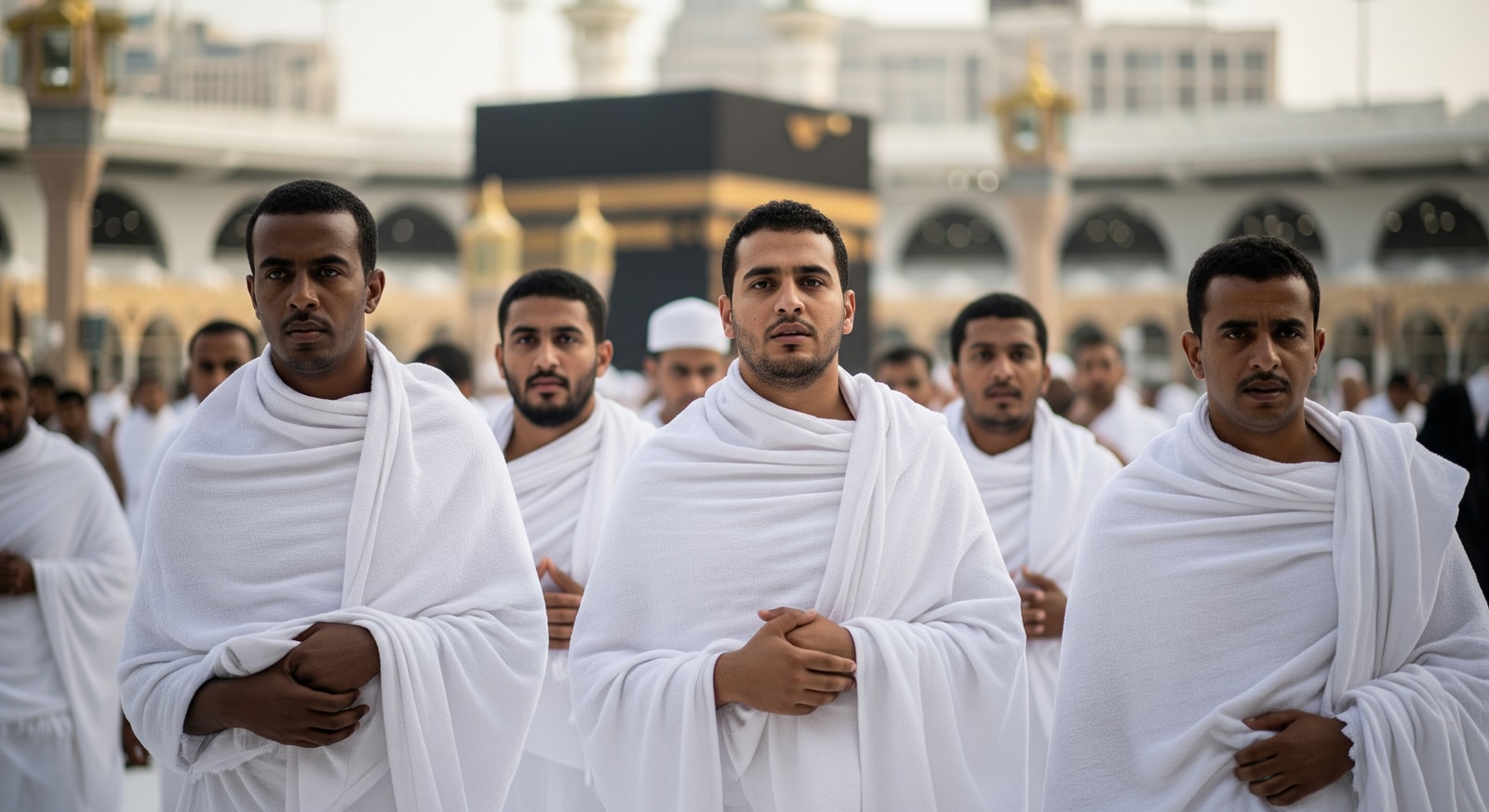 Male pilgrims wearing white Ihram garments during Umrah pilgrimage